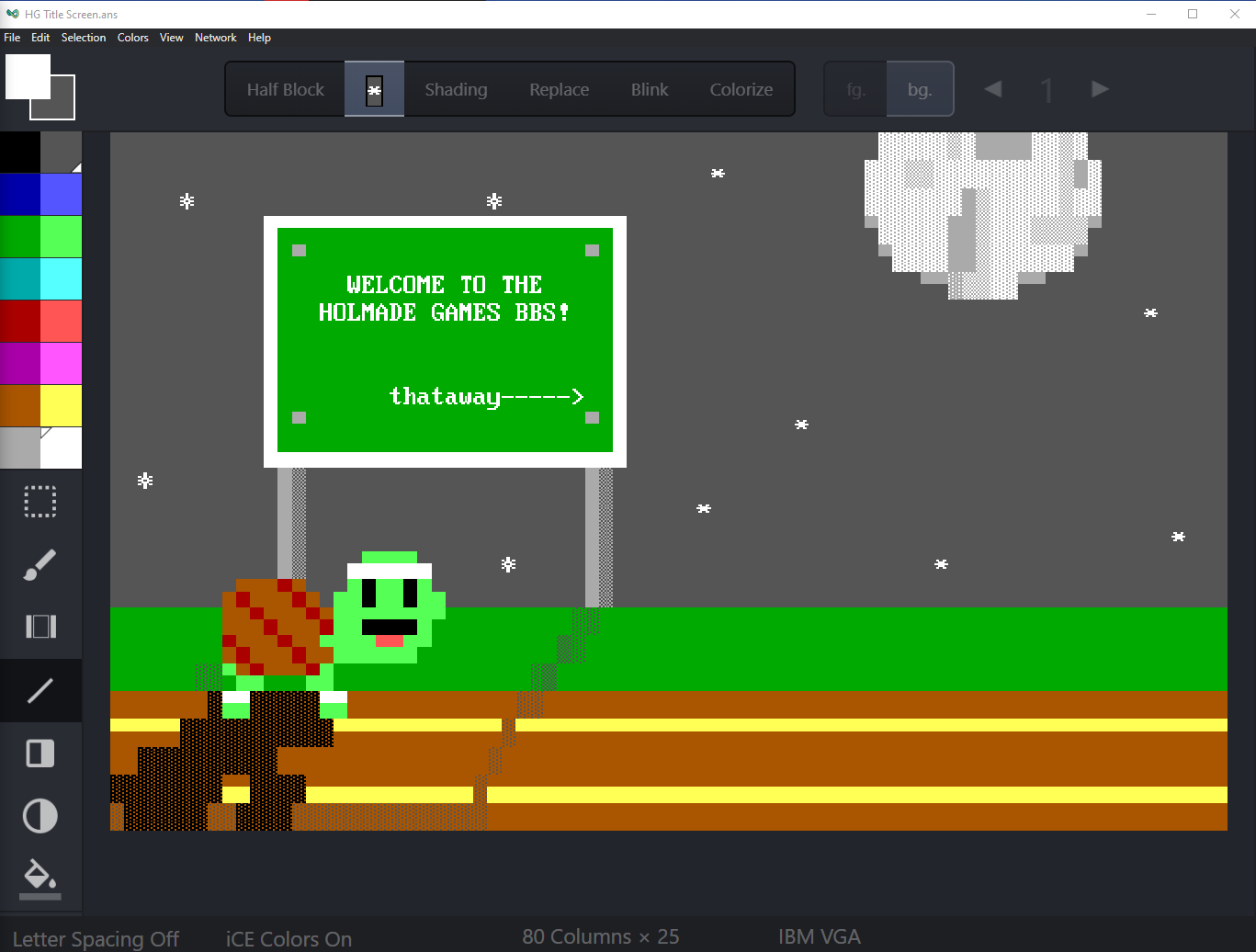 Screenshot of title screen in progress for Holmade Games BBS, featuring Hurdle Turtle running on a track next to a road marker.